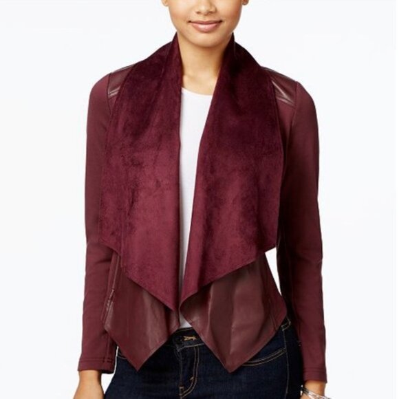 Kut from the Kloth Jackets & Blazers - Kut from the Kloth Womens Draped Faux-Suede & Leatherette Jacket Burgundy